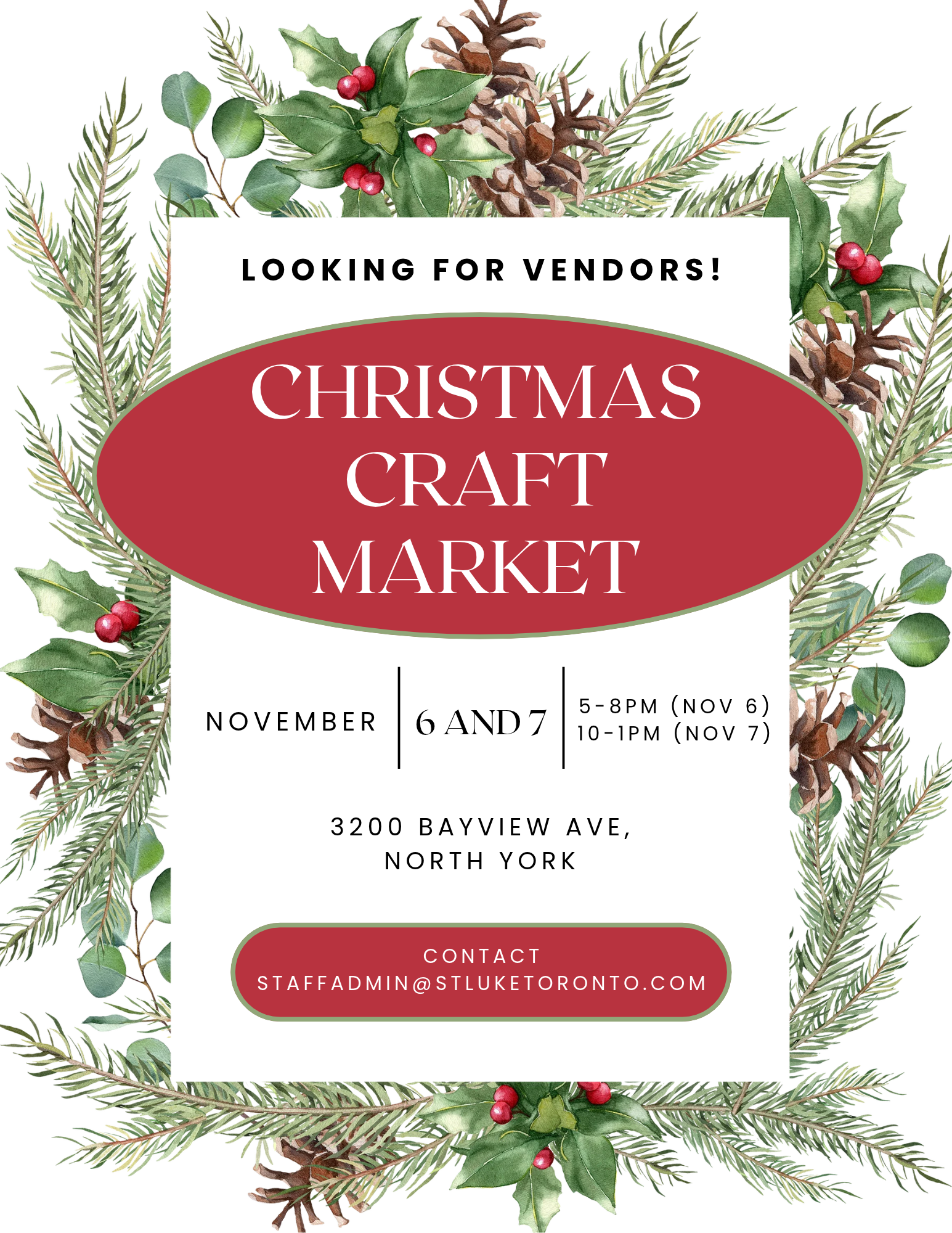 Christmas Craft Market flyer — looking for vendors, November 6 and 7 at 3200 Bayview Ave, North York